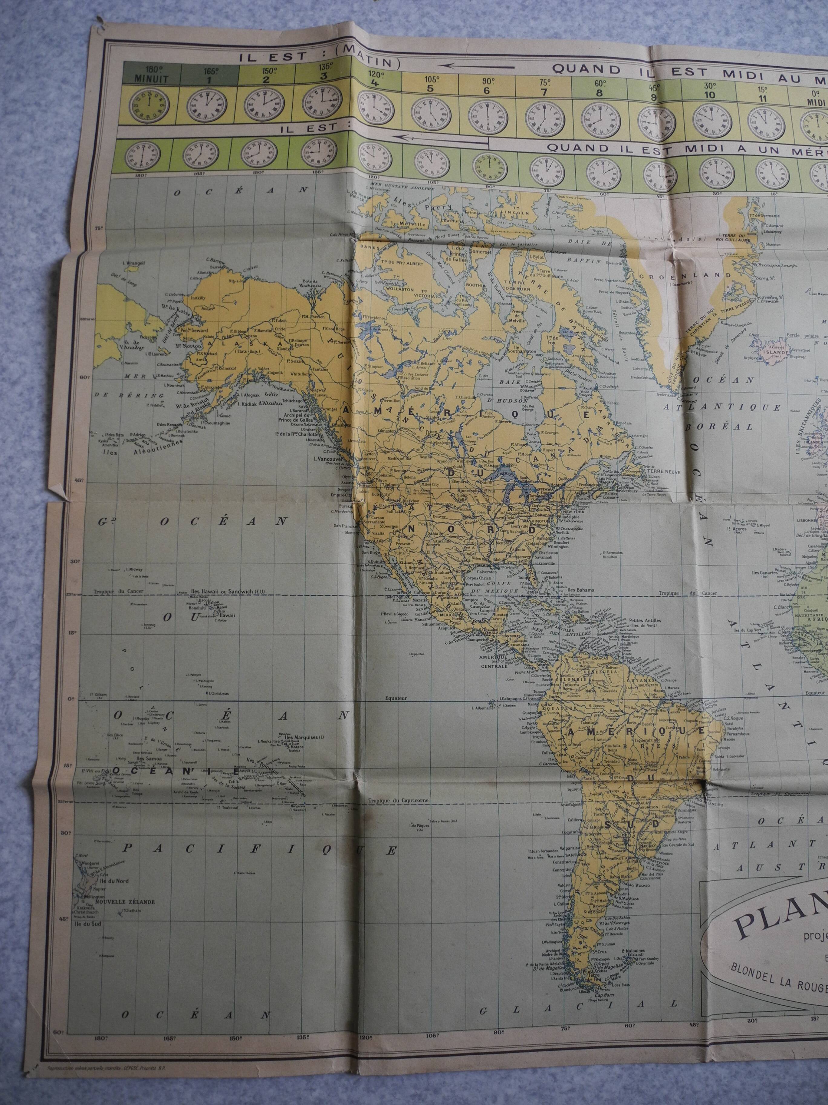 Planisphere map time zones blondel paris old french map time zone 30s