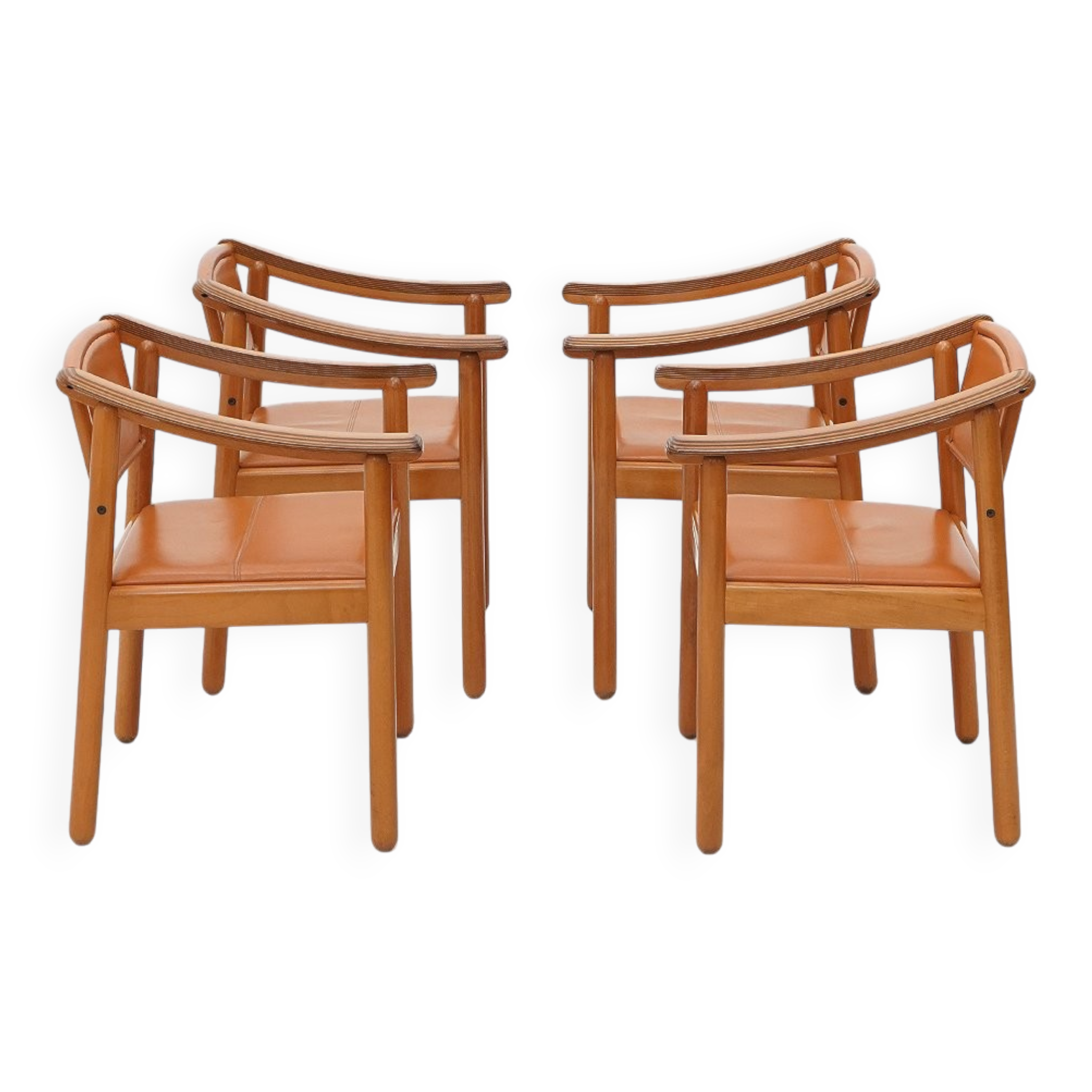 Wood and leather chairs, 1970s, set of 4