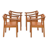 Wood and leather chairs, 1970s, set of 4
