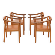 Wood and leather chairs, 1970s, set of 4