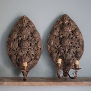 Paire d'appliques laiton repoussé motifs florales, lampe murale, applique