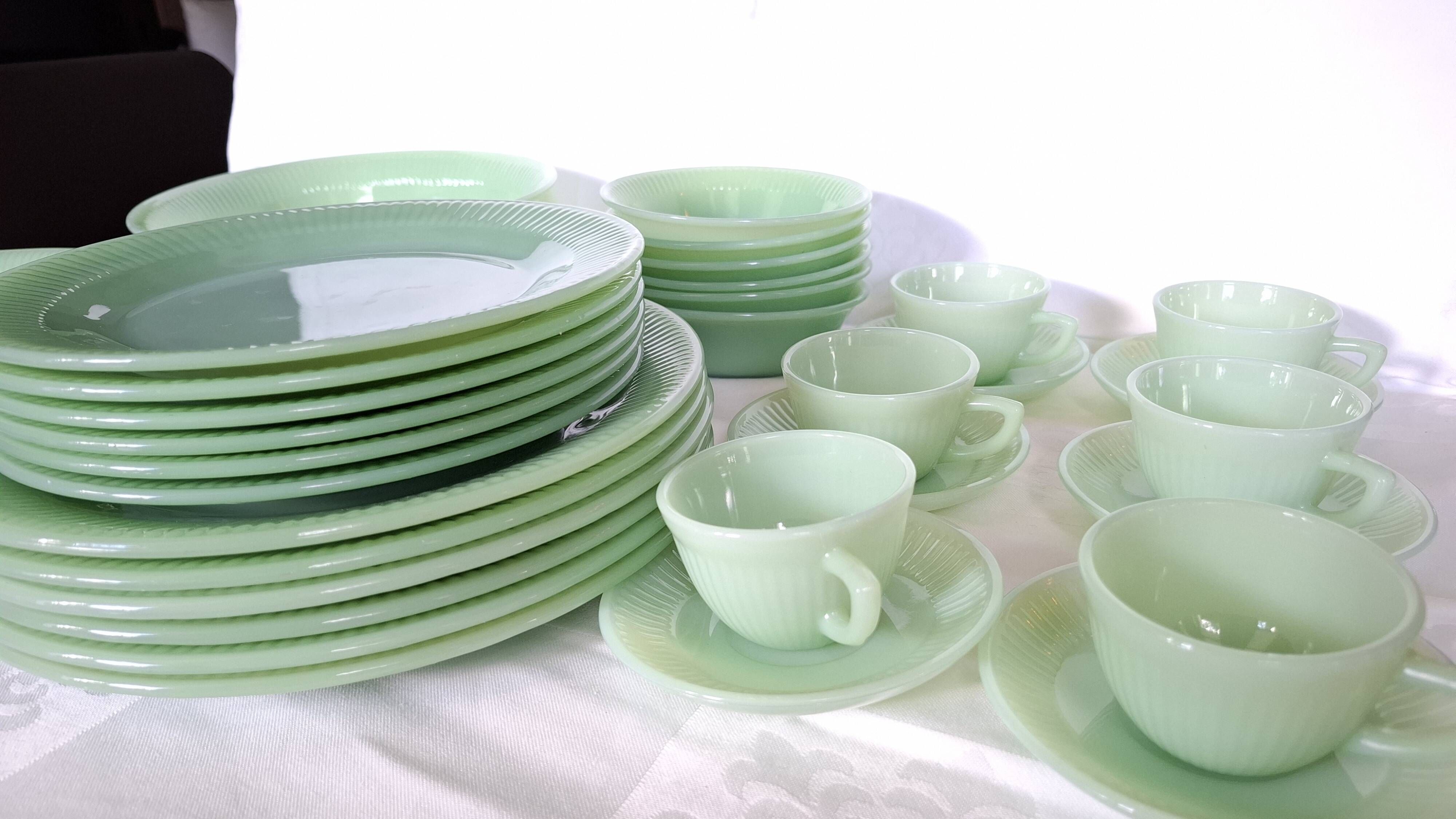 Rare 1950s Fire-King Jadeite "Jane Ray" Dinner & Coffee Service - 32-Pieces