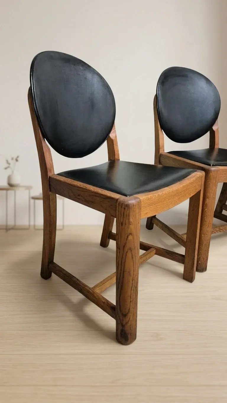 Set of four vintage wooden dining chairs with black leather upholstery, 85 × 45 × 45 cm