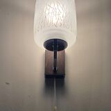Pair of vintage wall lights in chrome-plated metal, glass and wood shades - design