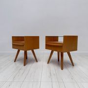 1960s vintage pair of mid-century walnut nightstands with glass shelves