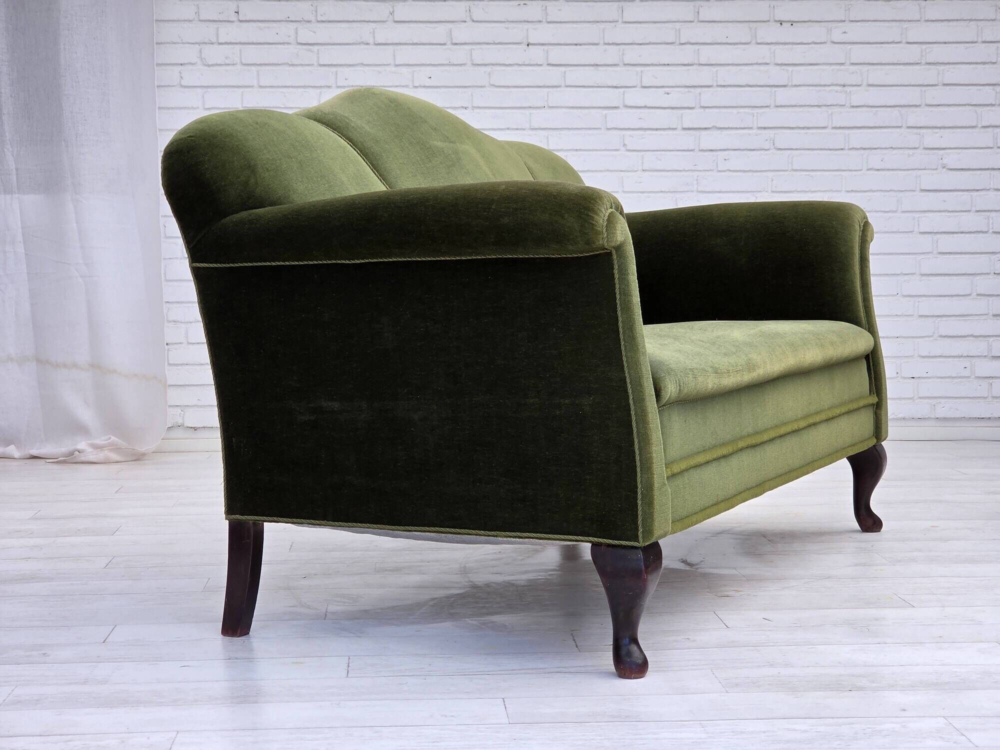 1950s, Danish 2-seater sofa, green furniture velour, ash wood legs.
