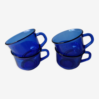 Lot de 4 tasses en verre bleues Indigo transparentes arcoroc France vintage