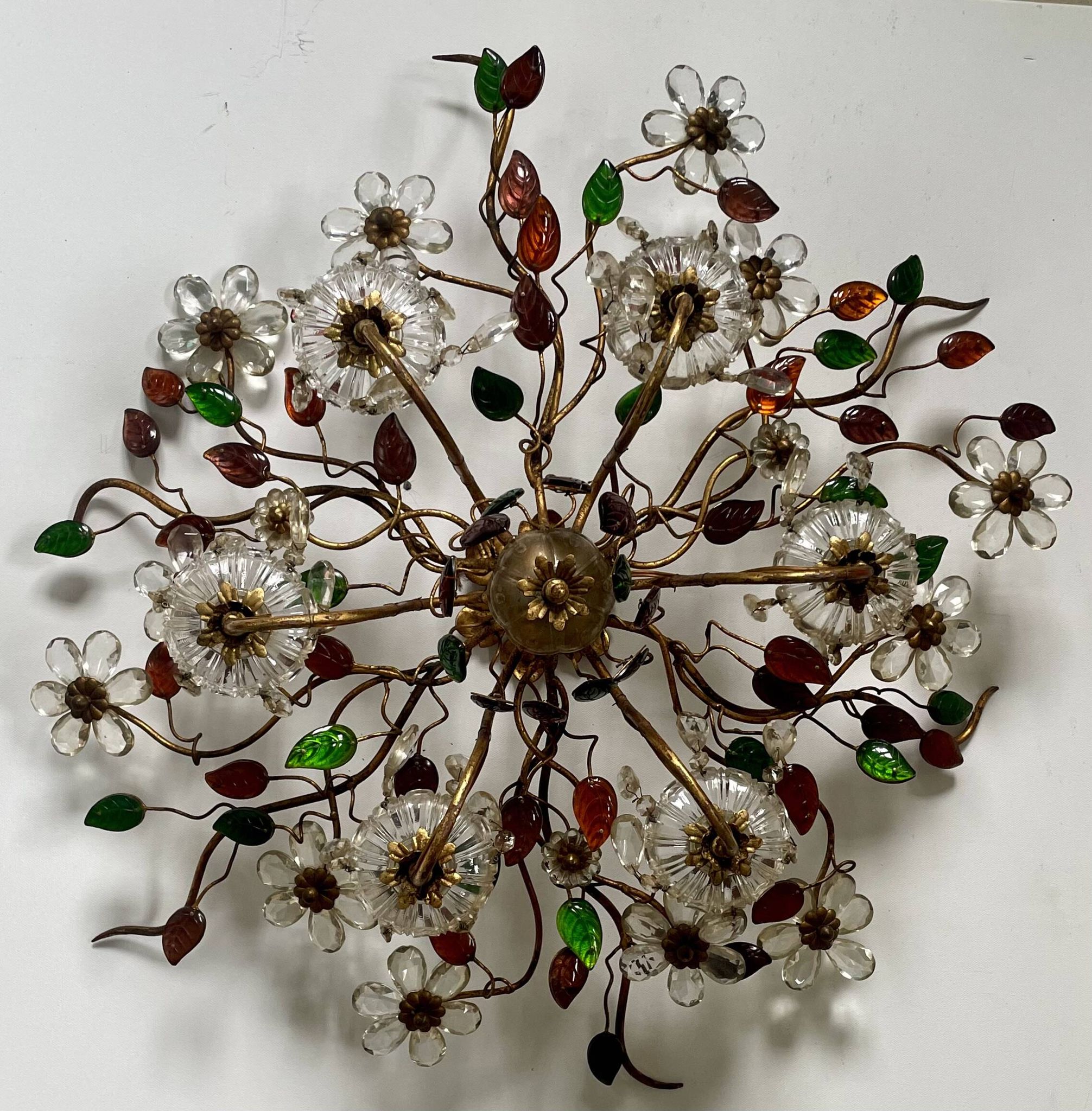 Floral chandelier Banci Firenze with 6 lights, coloured glass and gold metal.