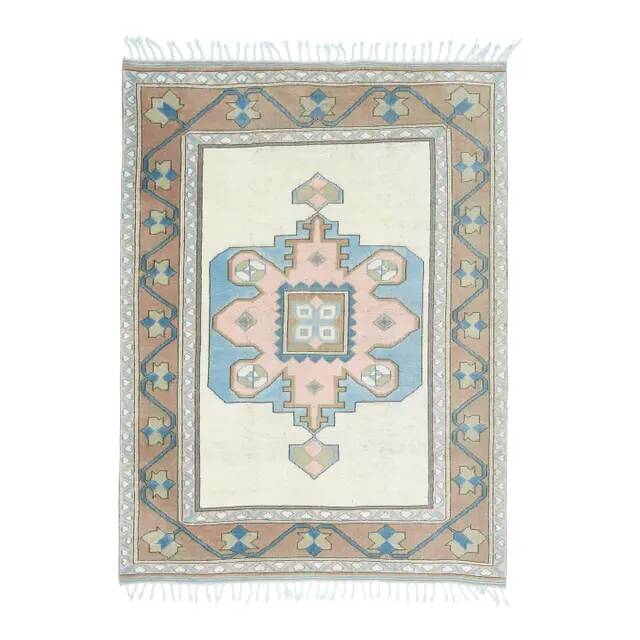 Vintage Turkish Hand-Knotted Wool Cotton Beige Area Rug 193x263
