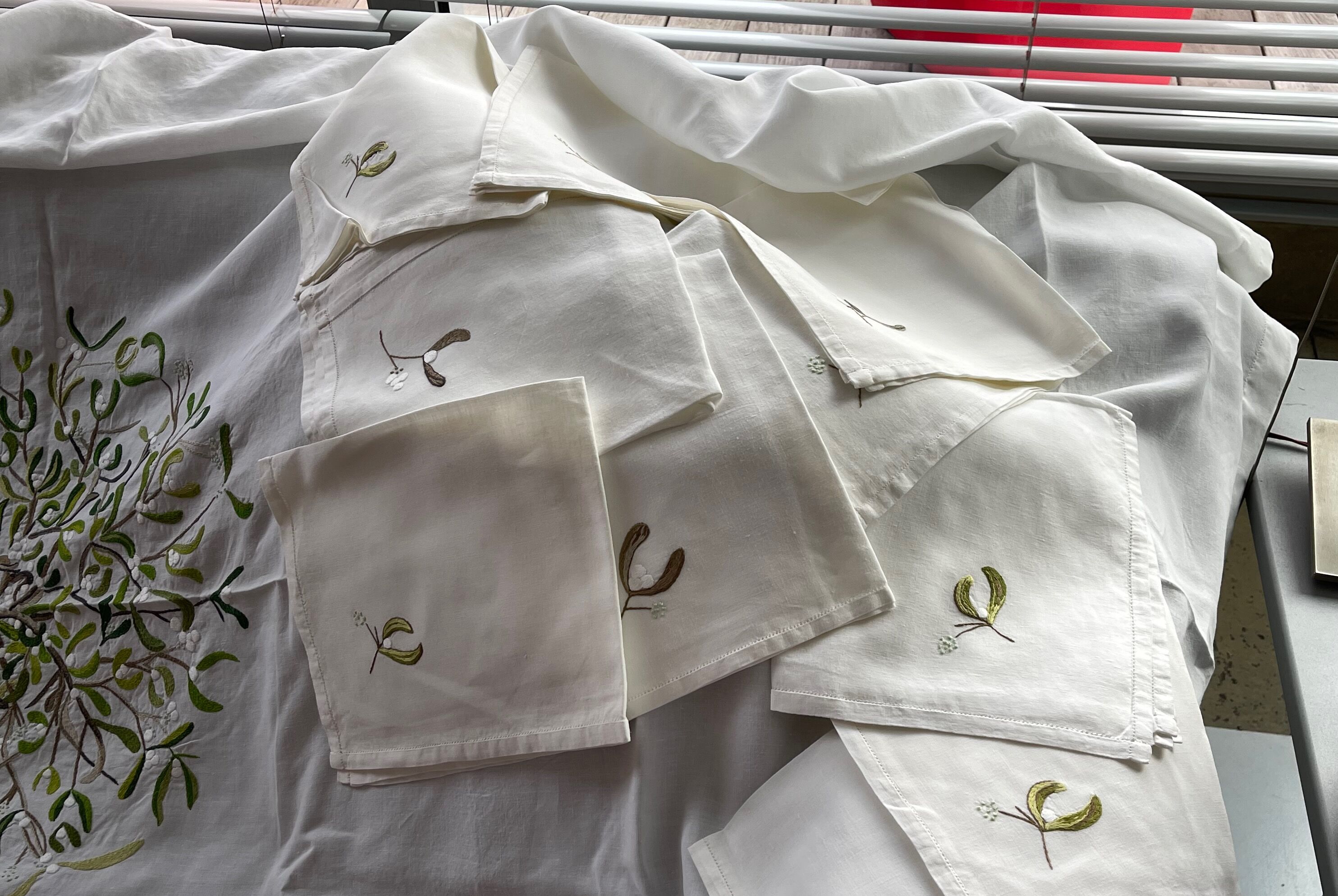 Hand-embroidered tablecloth on rectangular thread canvas
