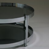 Round chrome-plated metal coffee table and smoked glass tops, France 1970s