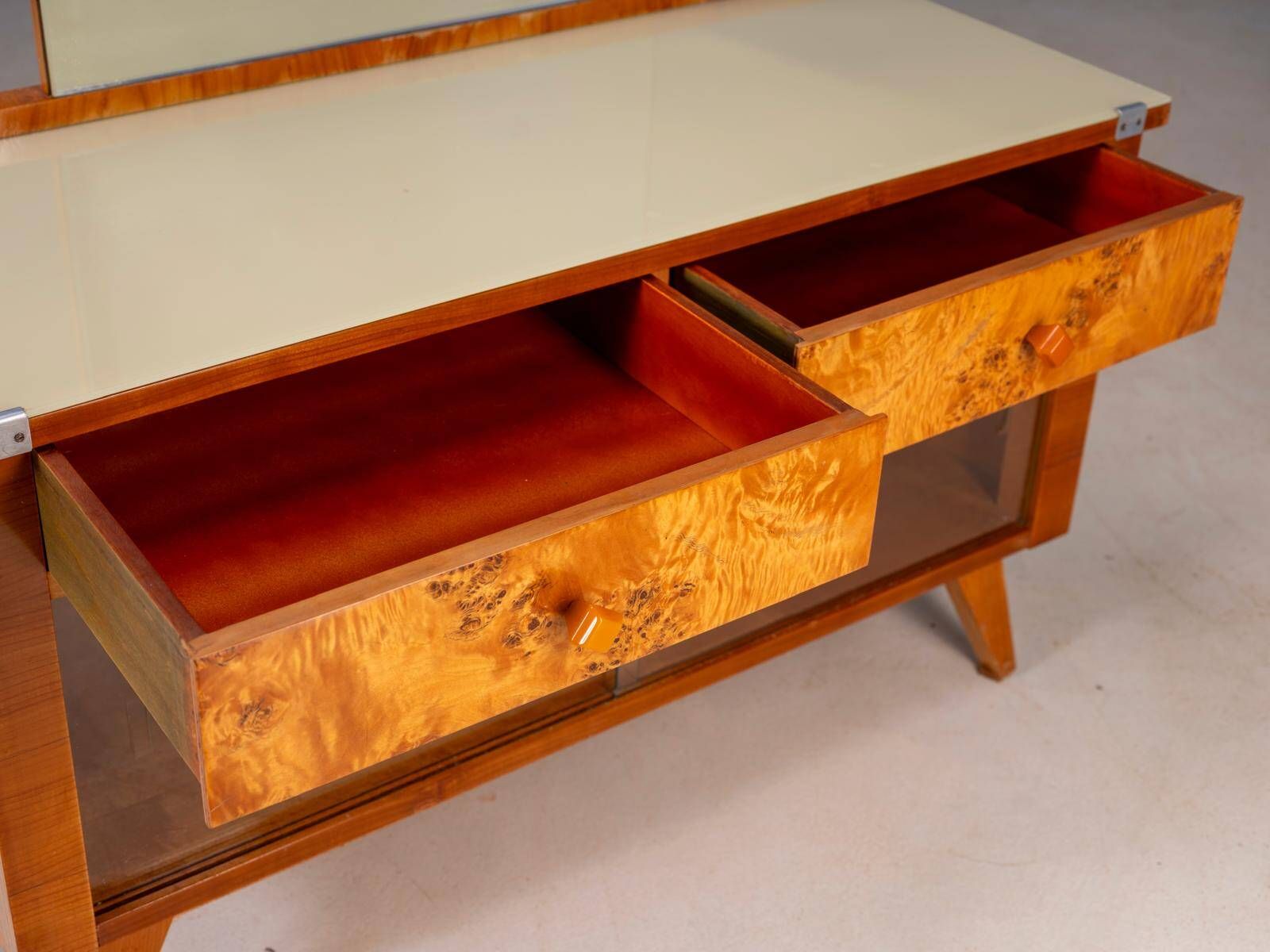 Vintage dressing table with burl veneer, large mirror and storage cabinets
