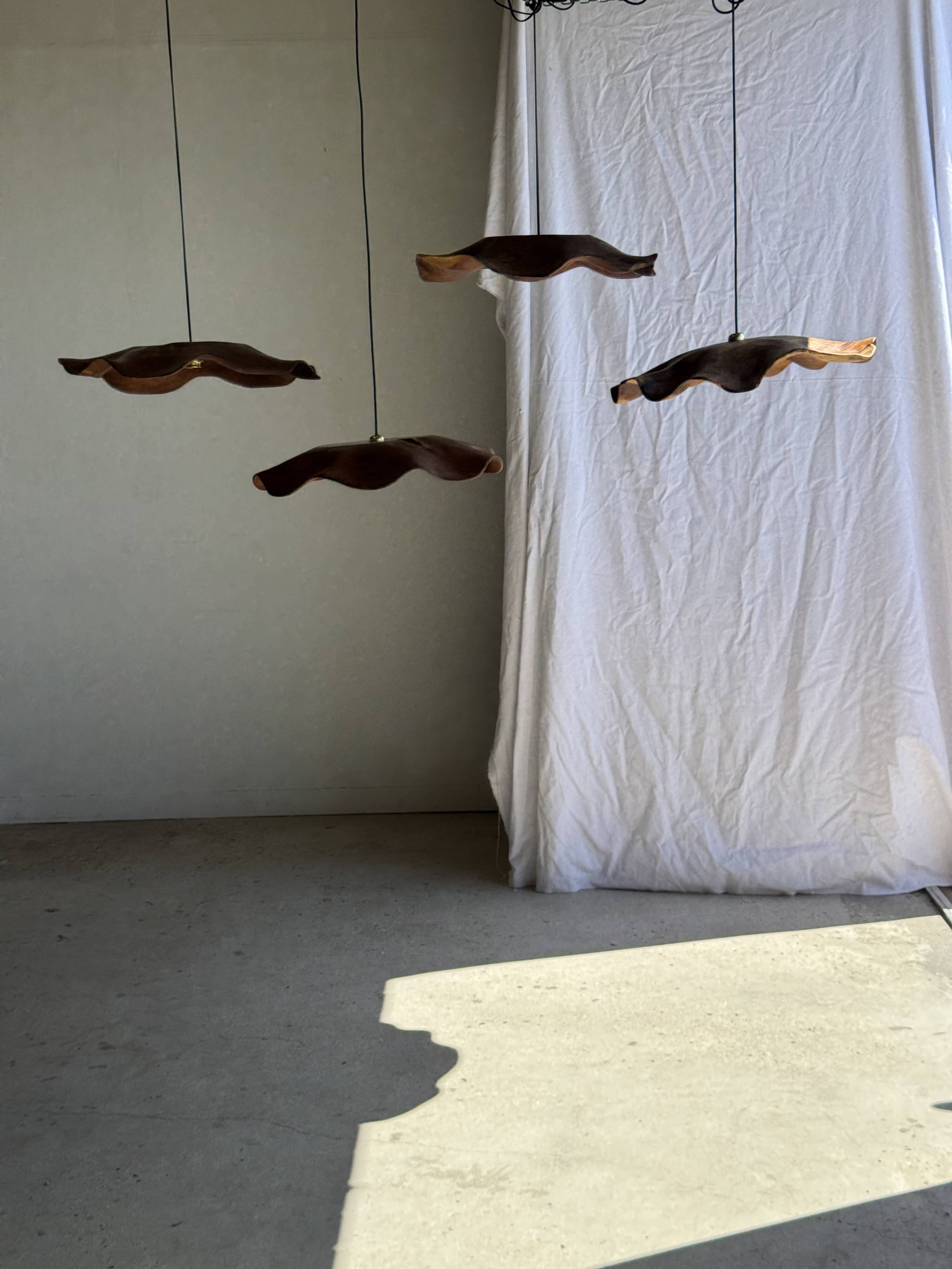 Very large wavy flat leaf suspension in smooth teak D:60