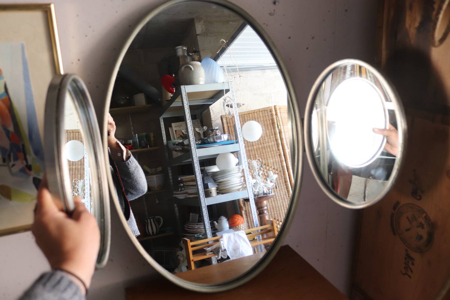 Vintage triptych mirror from a 1950s dressing table in nickel-plated silver.