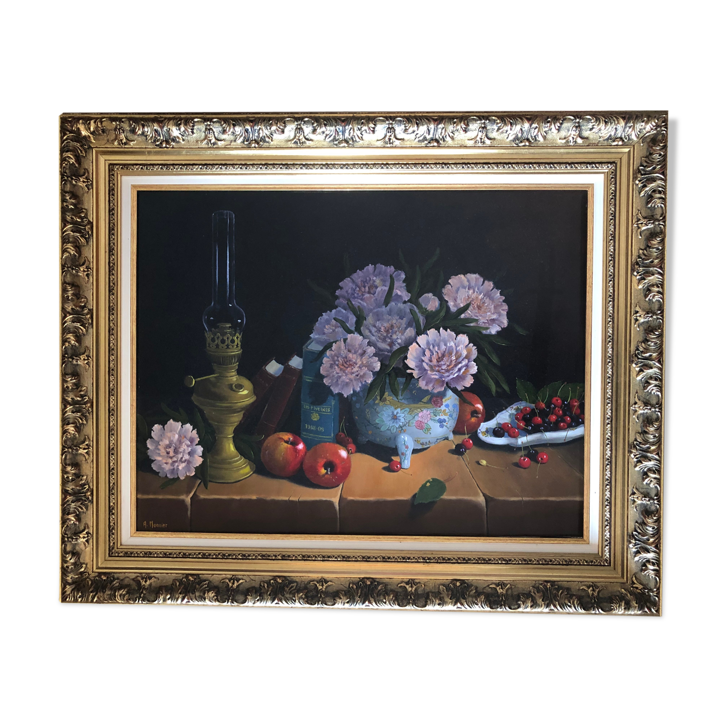 Oil on canvas, still life with flowers and fruit
