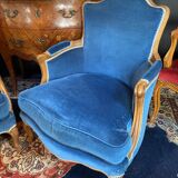 Pair of Louis XV style blue velvet bergère armchairs