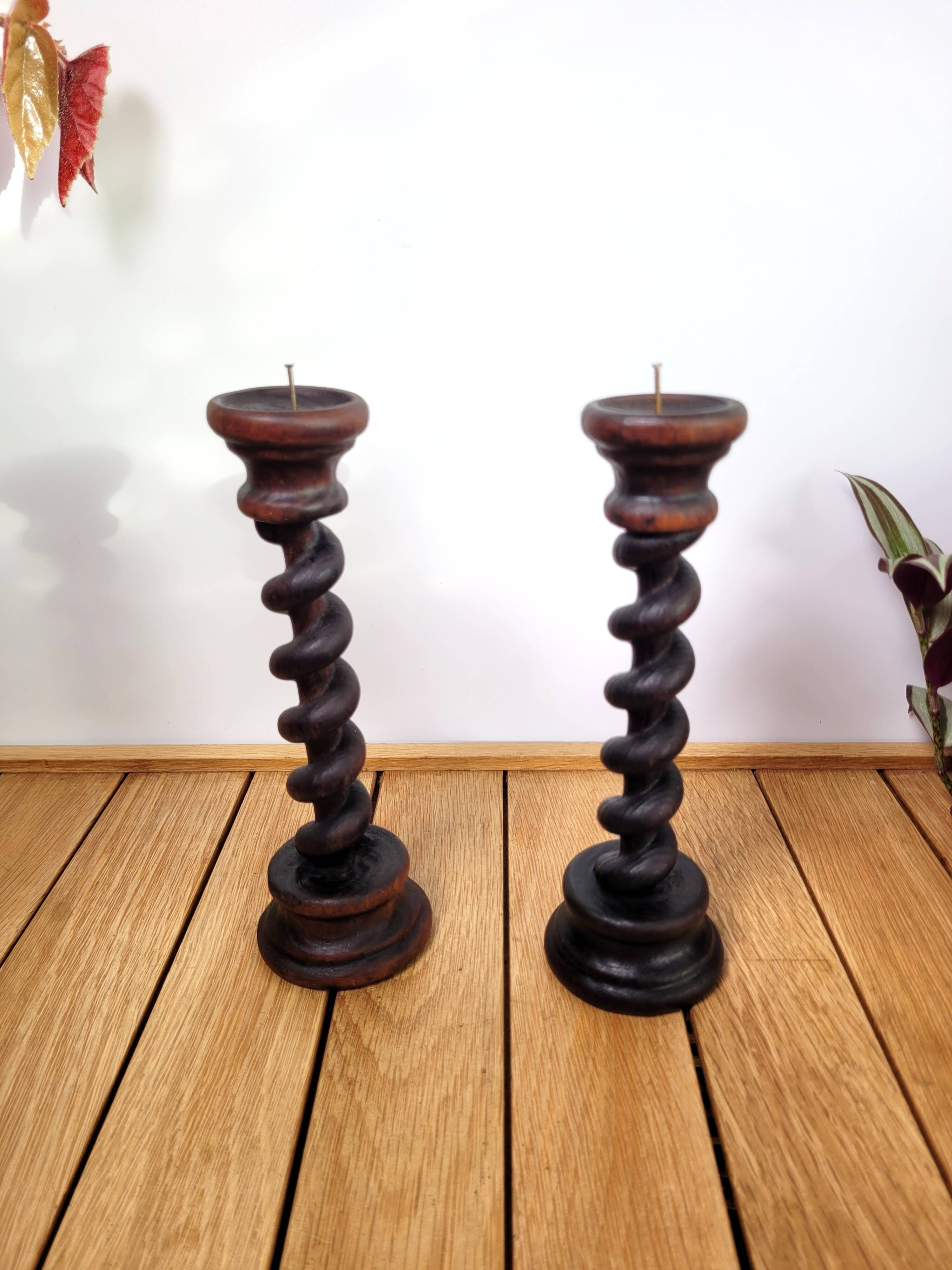 Pair of old turned wooden candlesticks