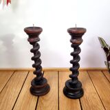 Pair of old turned wooden candlesticks