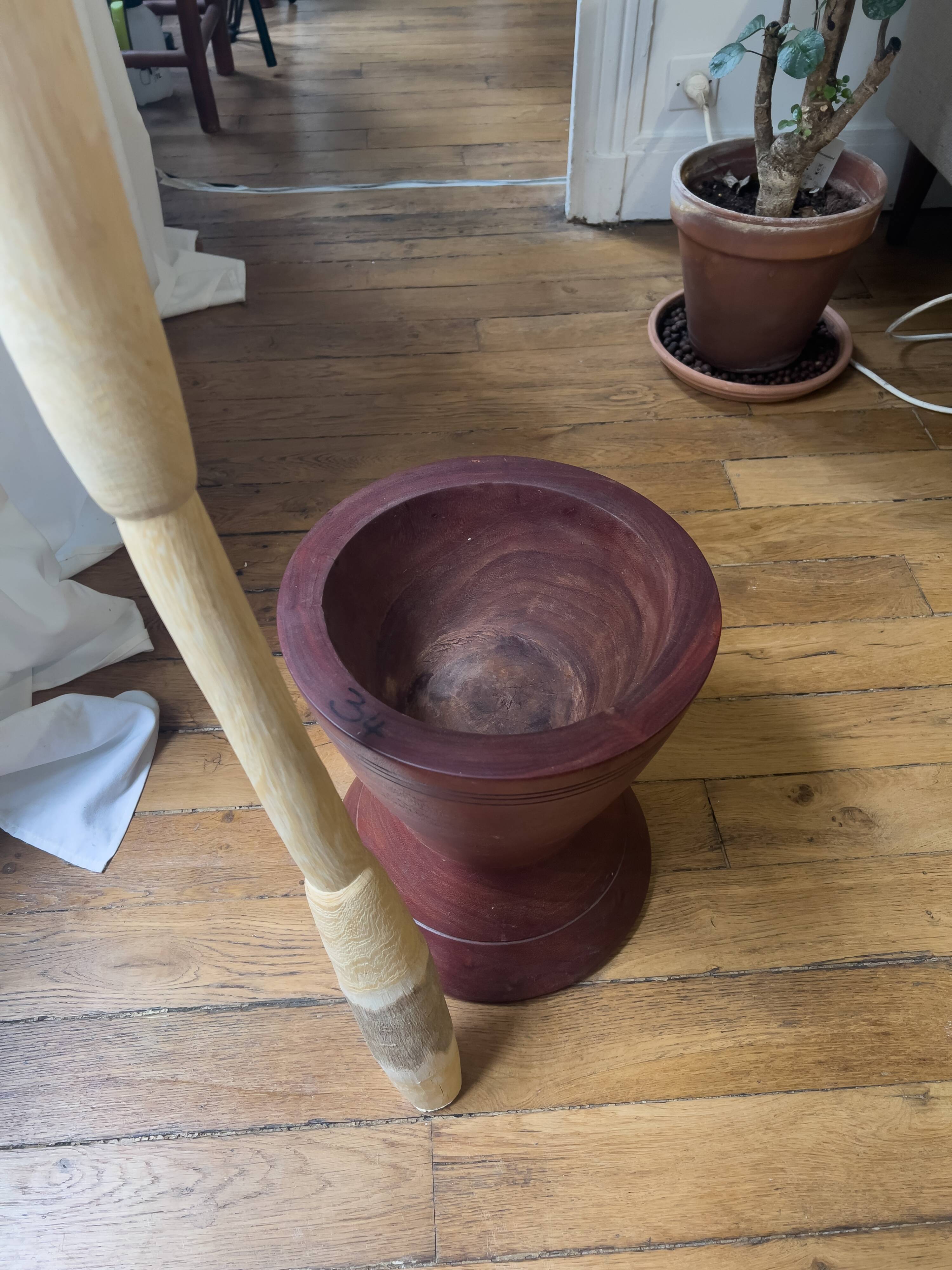 Authentic large wooden mortar and pestle