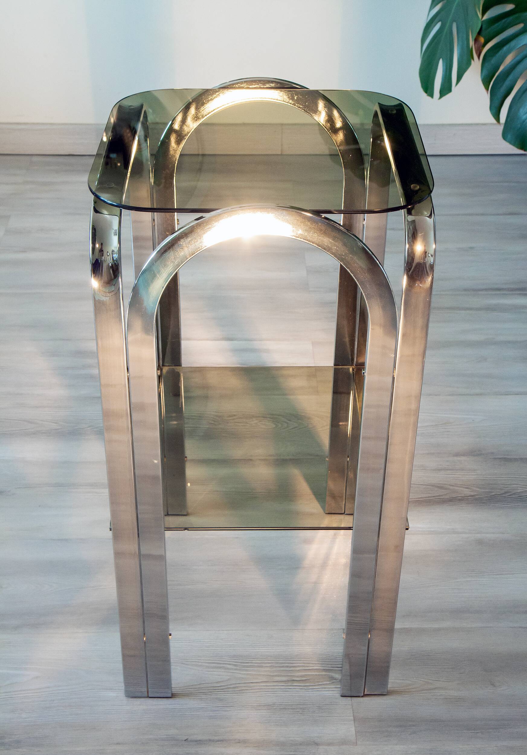 1970 chrome and smoked glass side table