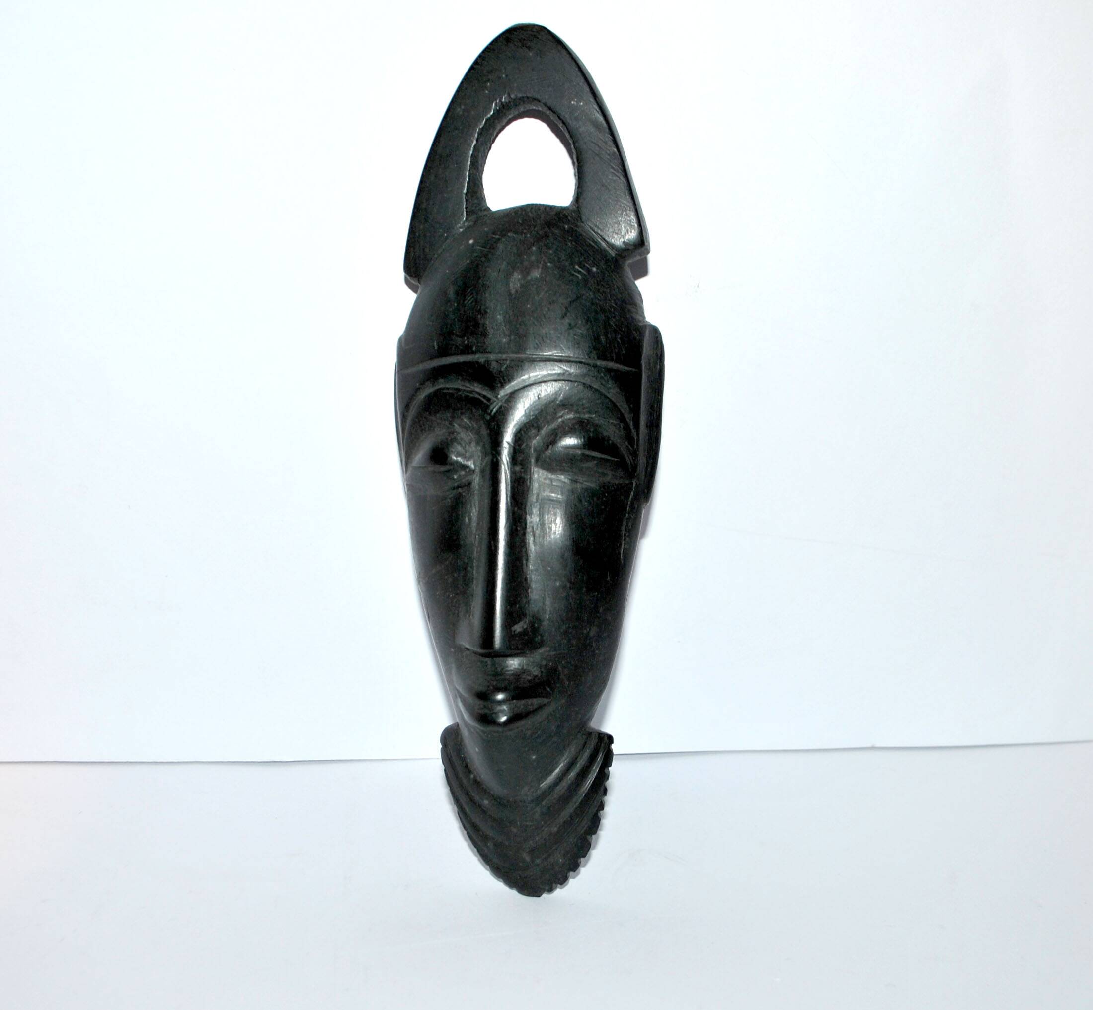 African mask in ebony wood - bearded head sculpture ethnic africa 20.5 x 6.5