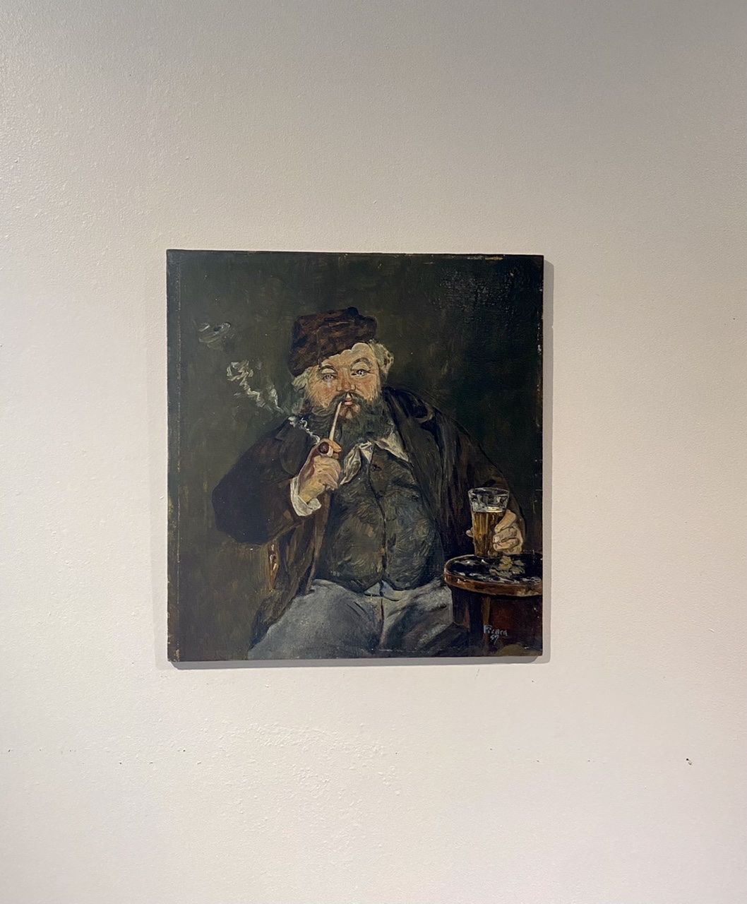 Old painting, portrait of a man with a pipe, signed and dated 57