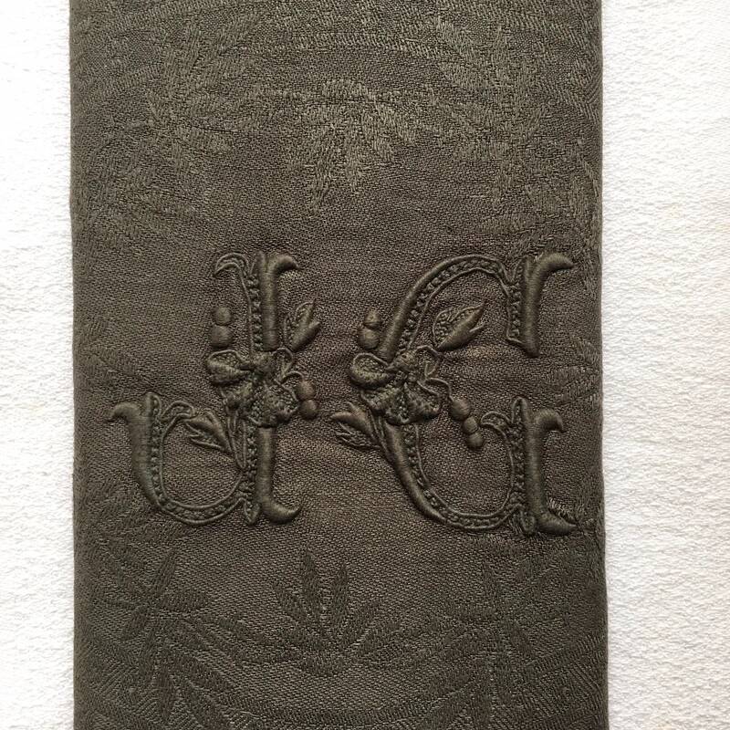Old embroidered table napkin J G Dark Khaki Green
