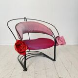 Postmodern Sculptural Armchair in Black Metal and Pink Red Silk Padding, 1980
