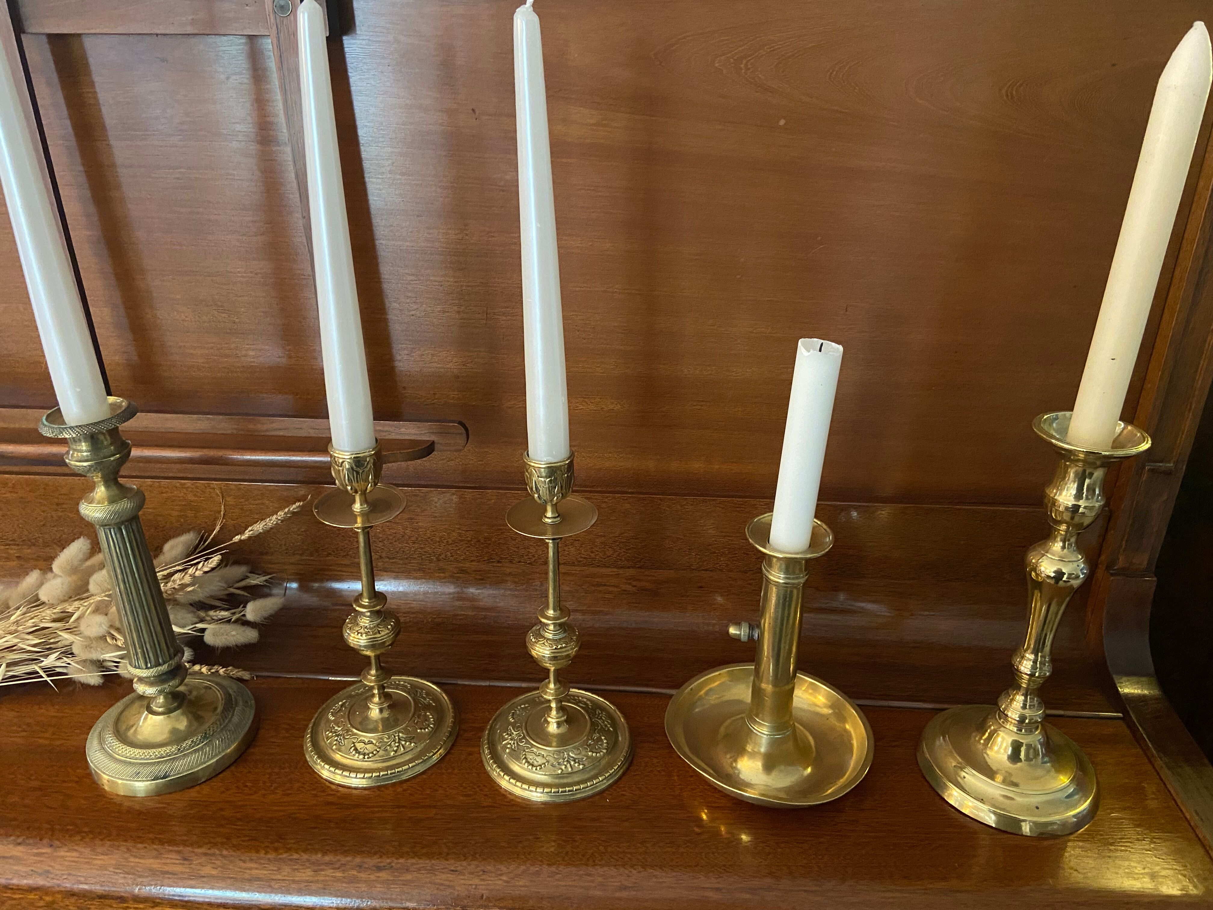 Set of 5 candle holders in fine golden brass XXth