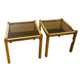 Set de deux tables d’appoint vintage 70s / 80s en laiton plaqué et verre fumé