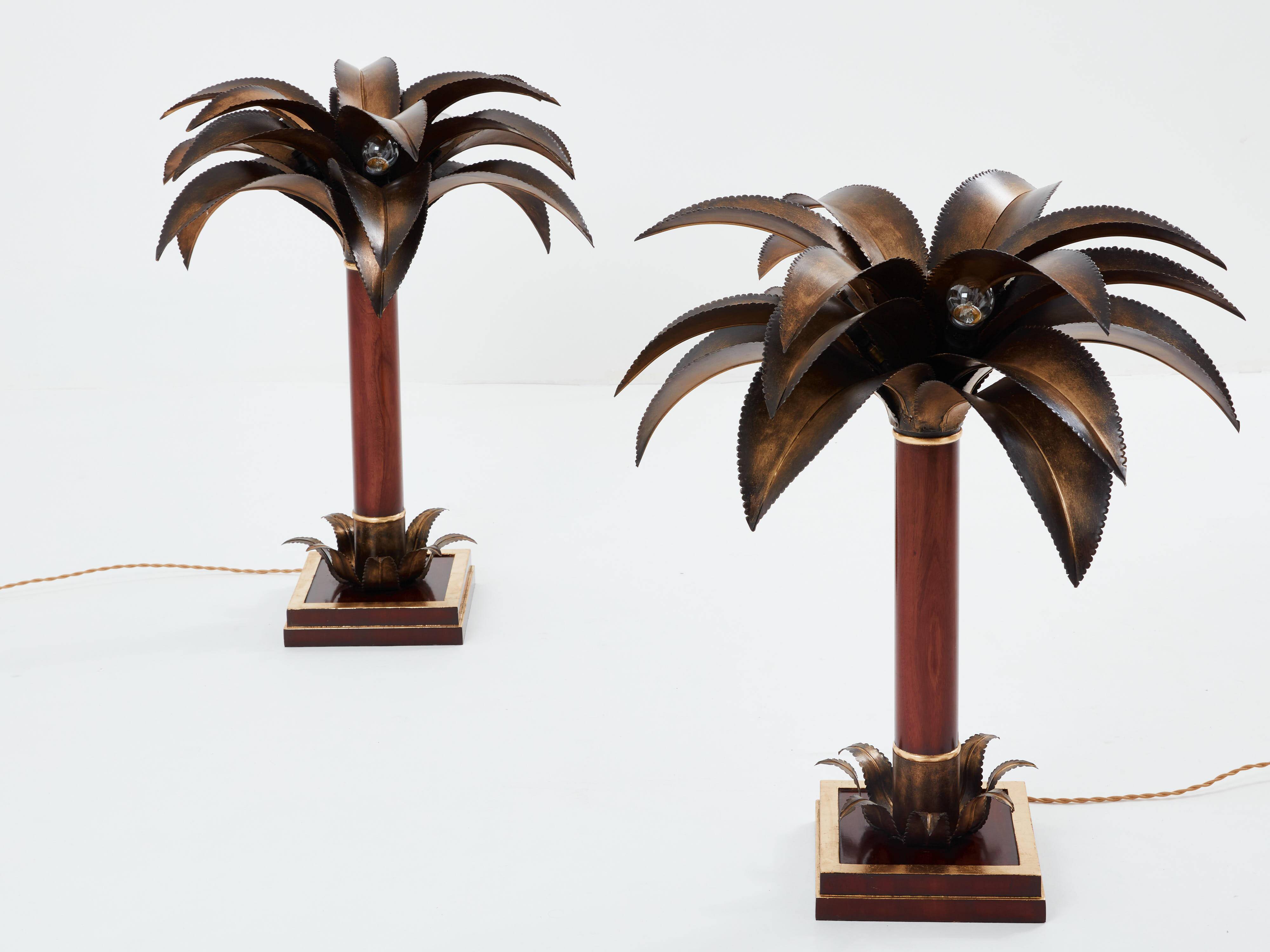 Maison Jansen style pair of bronze mahogany palm tree lamps 1960s