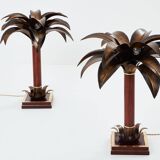 Maison Jansen style pair of bronze mahogany palm tree lamps 1960s