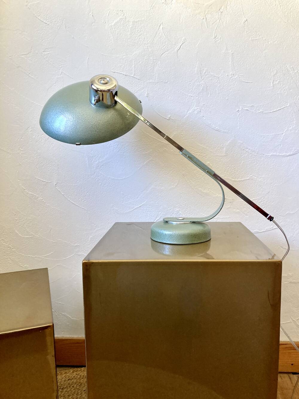 Solère telescopic lamp, hammered paint & blue diffuser, 1950s