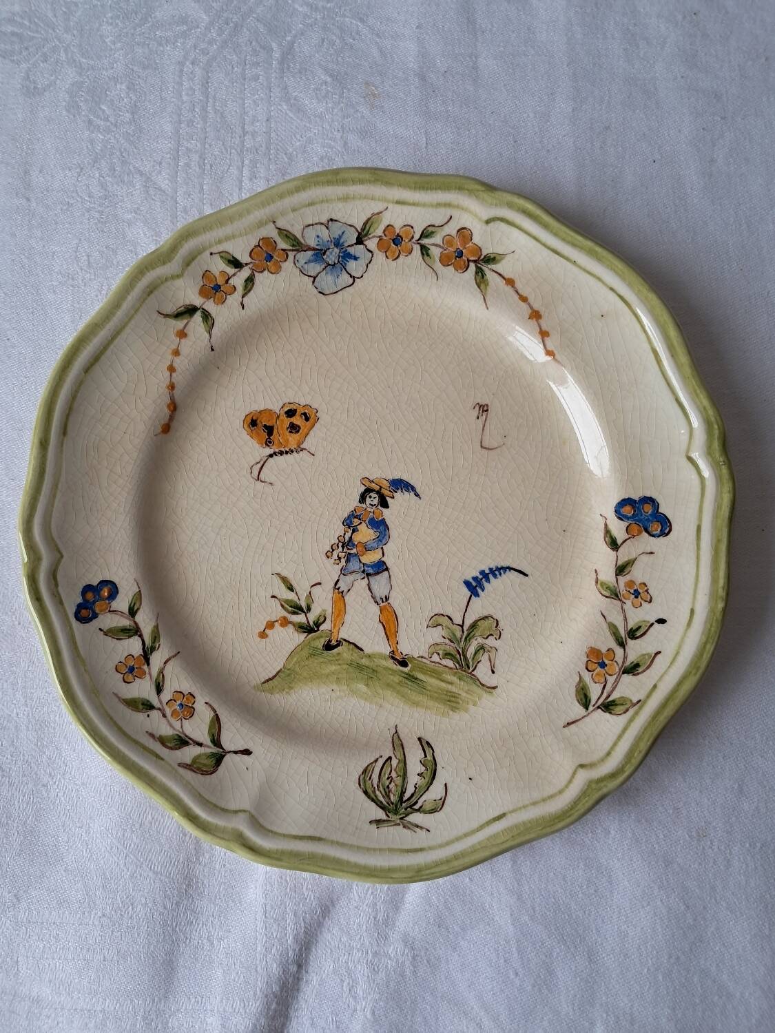 4 Moustiers Longchamp dessert plates. Hand-painted. 1986