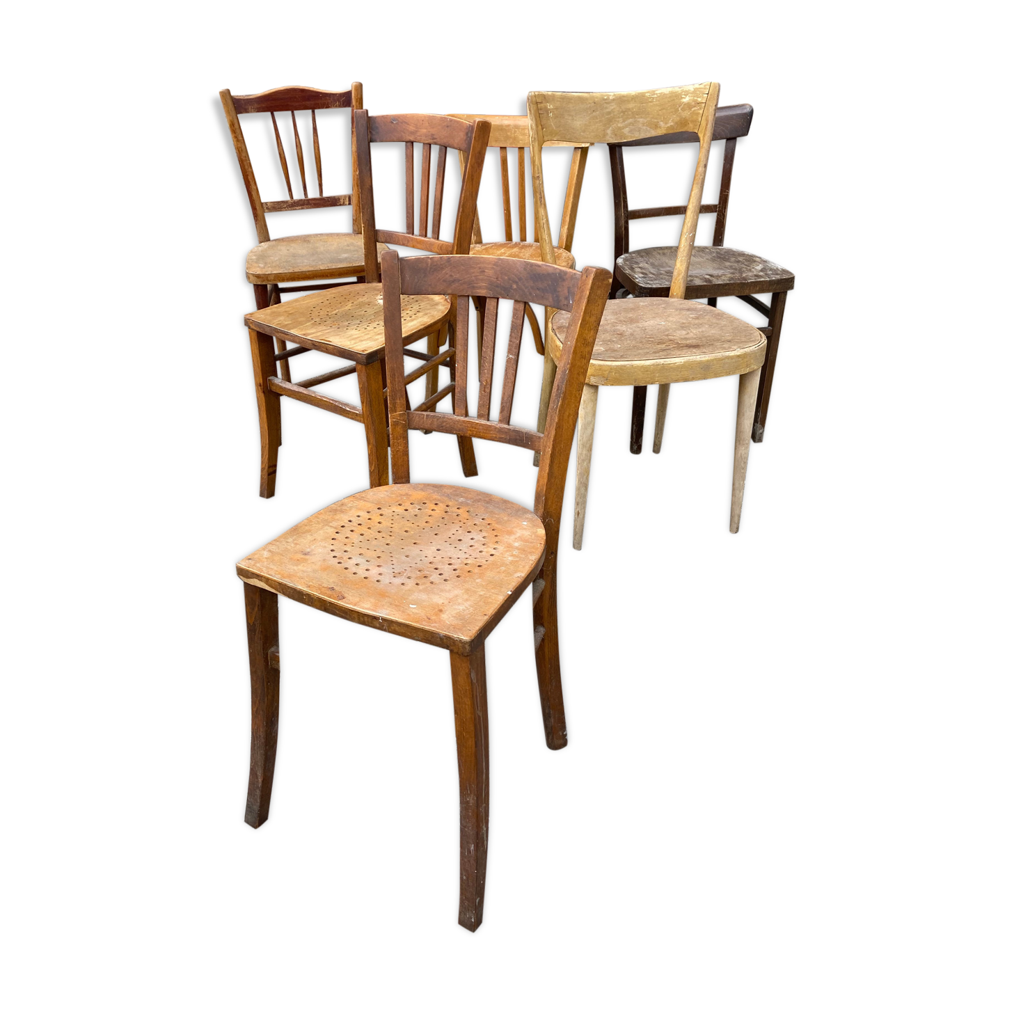 Lot of 6 chairs mismatched curved wood bistro