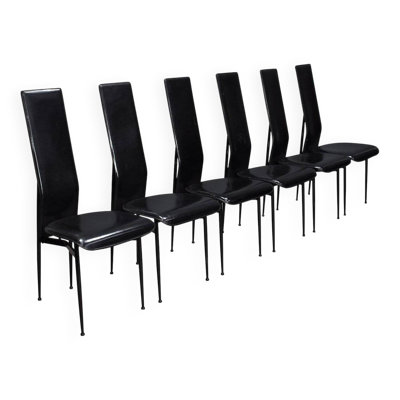 Chaises de salle à manger en cuir noir par Giancarlo Vegni et Gualtierotti pour Fasem, Italie, années 1980, ensemble de 6.