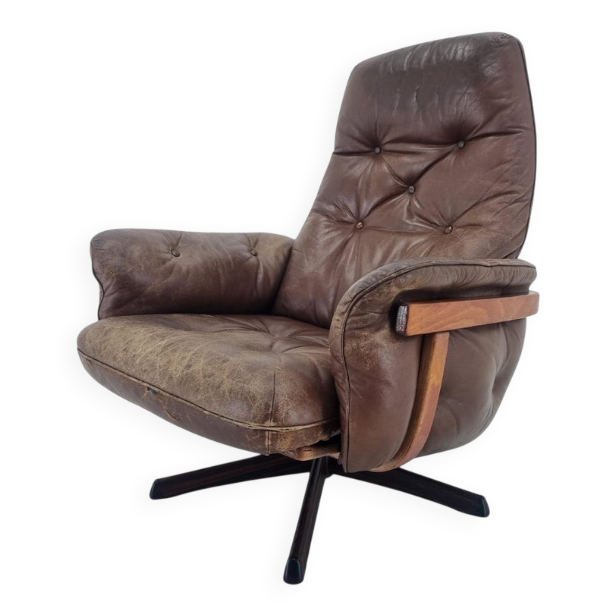 Midcentury Swivel Leather/Wood Armchair Göte Möbler Nässjö, Sweden, 1960s