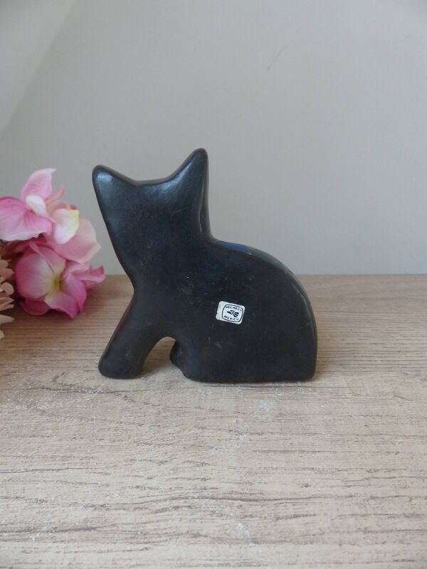 Figurine mexicaine sculpture de chat de poterie argile noire vintage