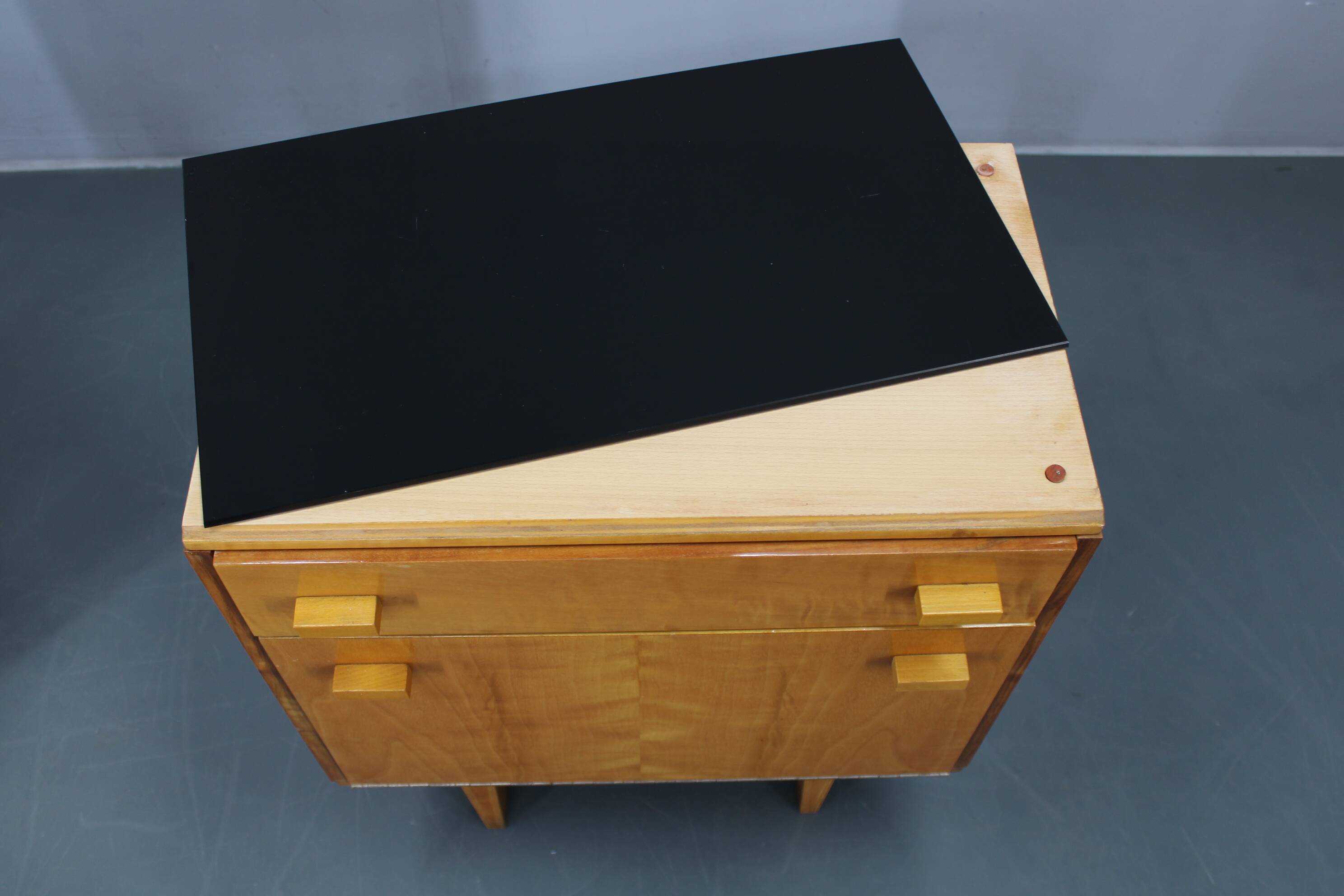 1960s František Mezulaník mid-century maple nightstands with black glass tops