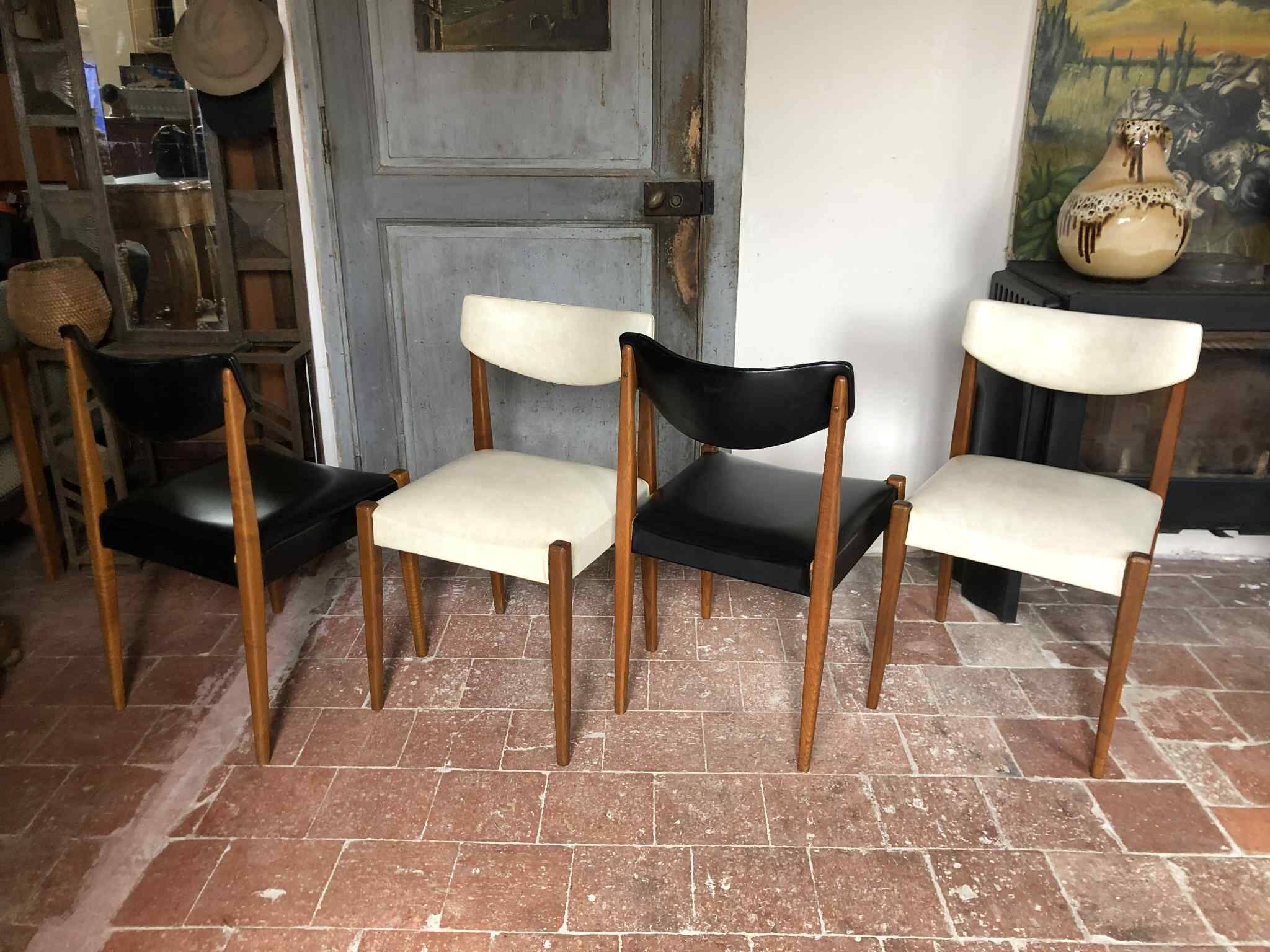 Set of 4 wooden and black and white imitation leather chairs, Scandinavian chair