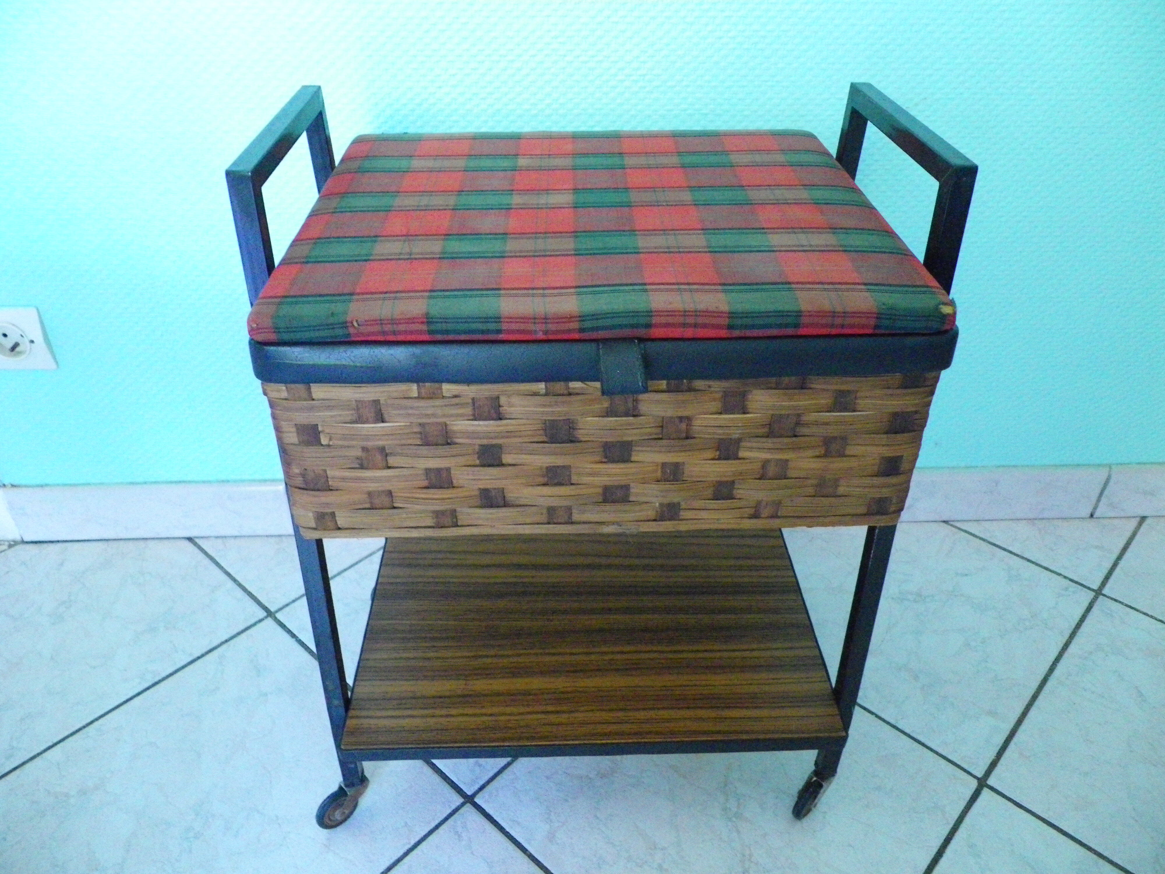 Vintage worker on wheels, rattan, fabric, skaÏ, metal with formica shelf