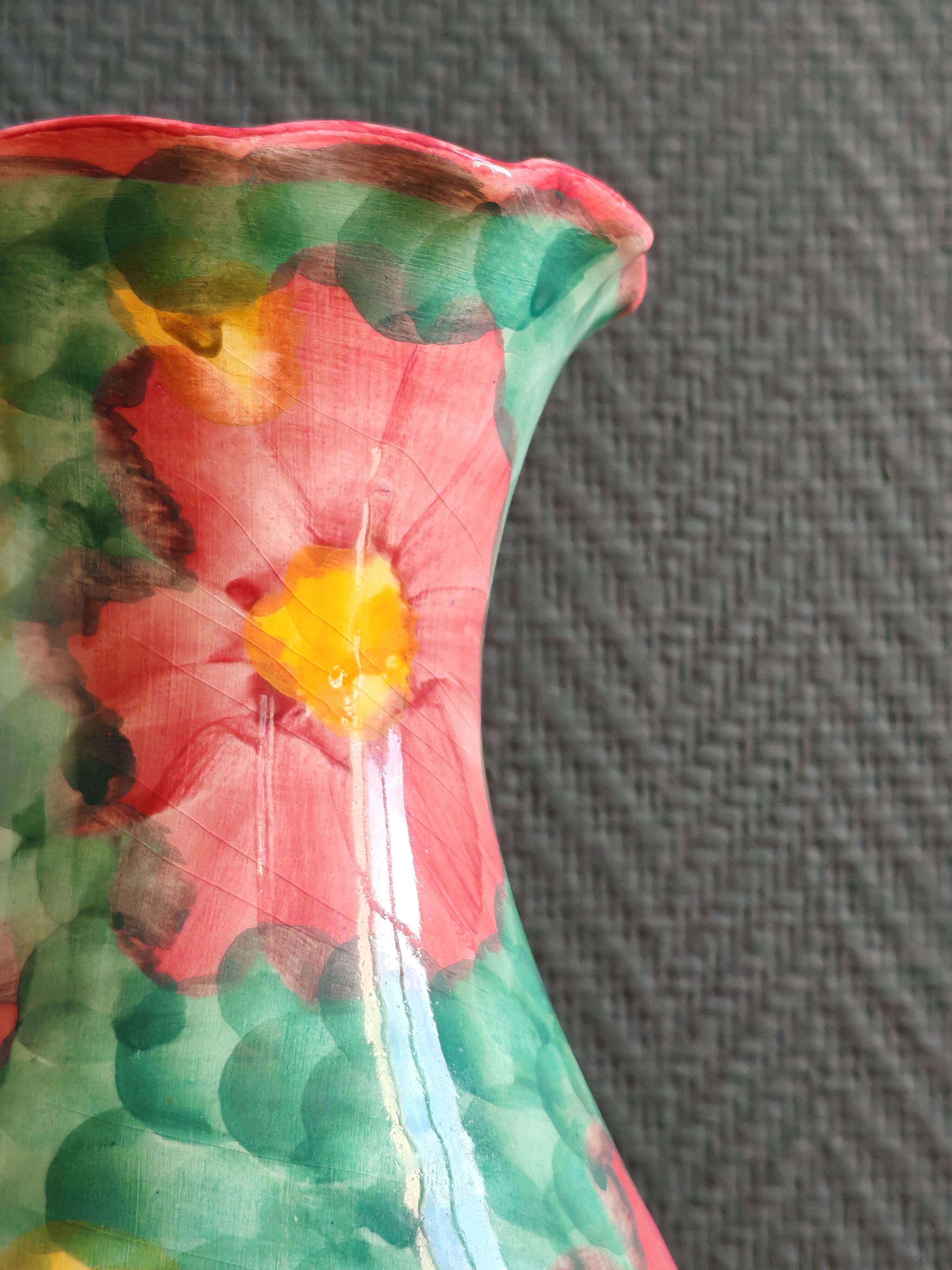 Vintage Floral Ceramic Vase - Large Barbotine Vase with Pink Flowers