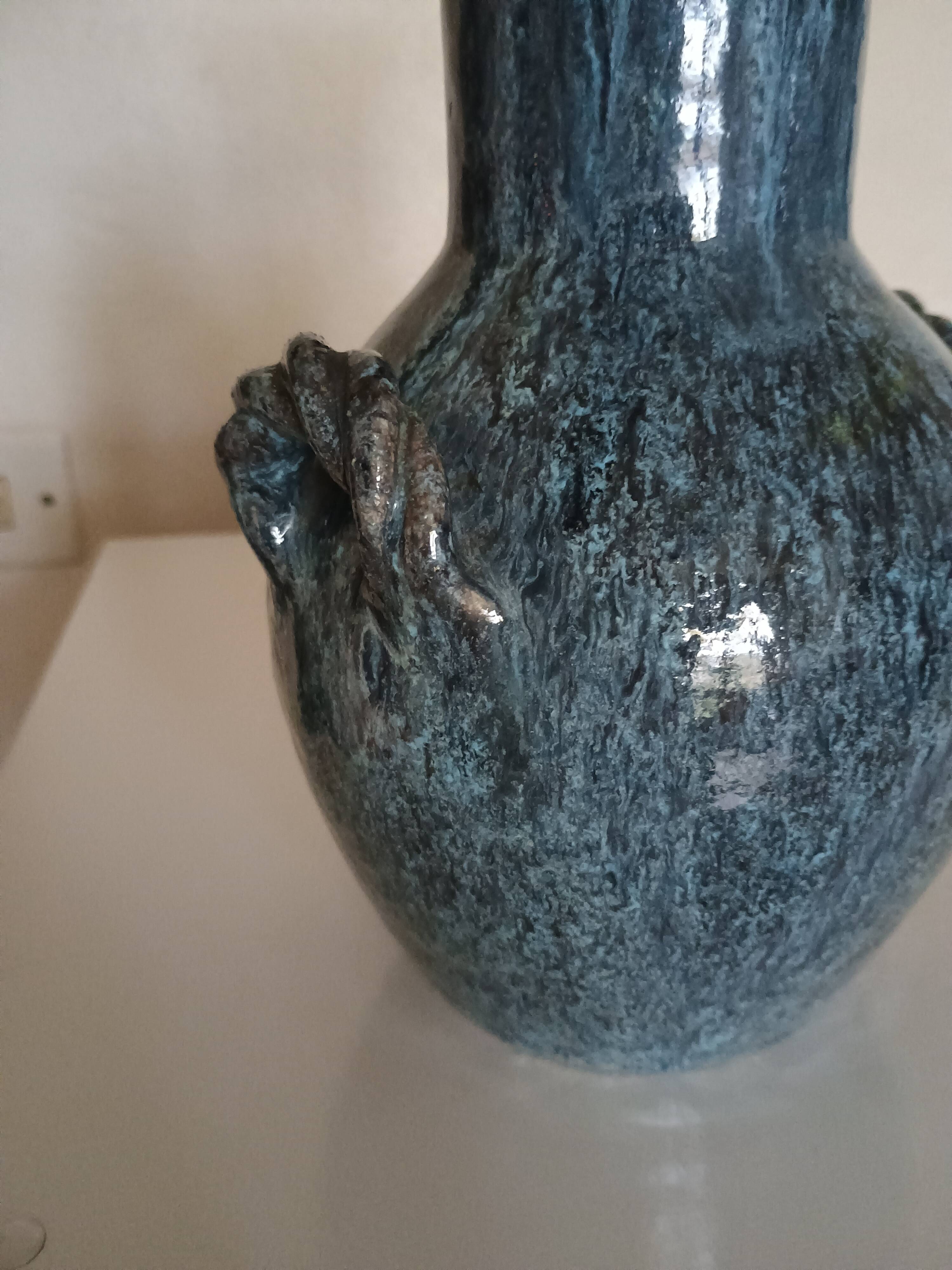 Accolay pottery Yonne - Double handle woven vase - Blue-grey glazed stoneware