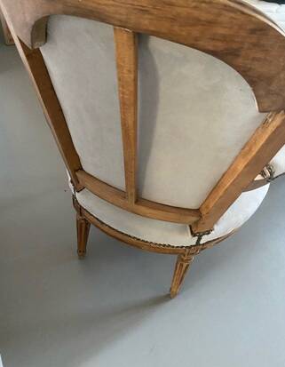 Pair of cabriolet armchairs in light grey and dark grey Louis XV style.