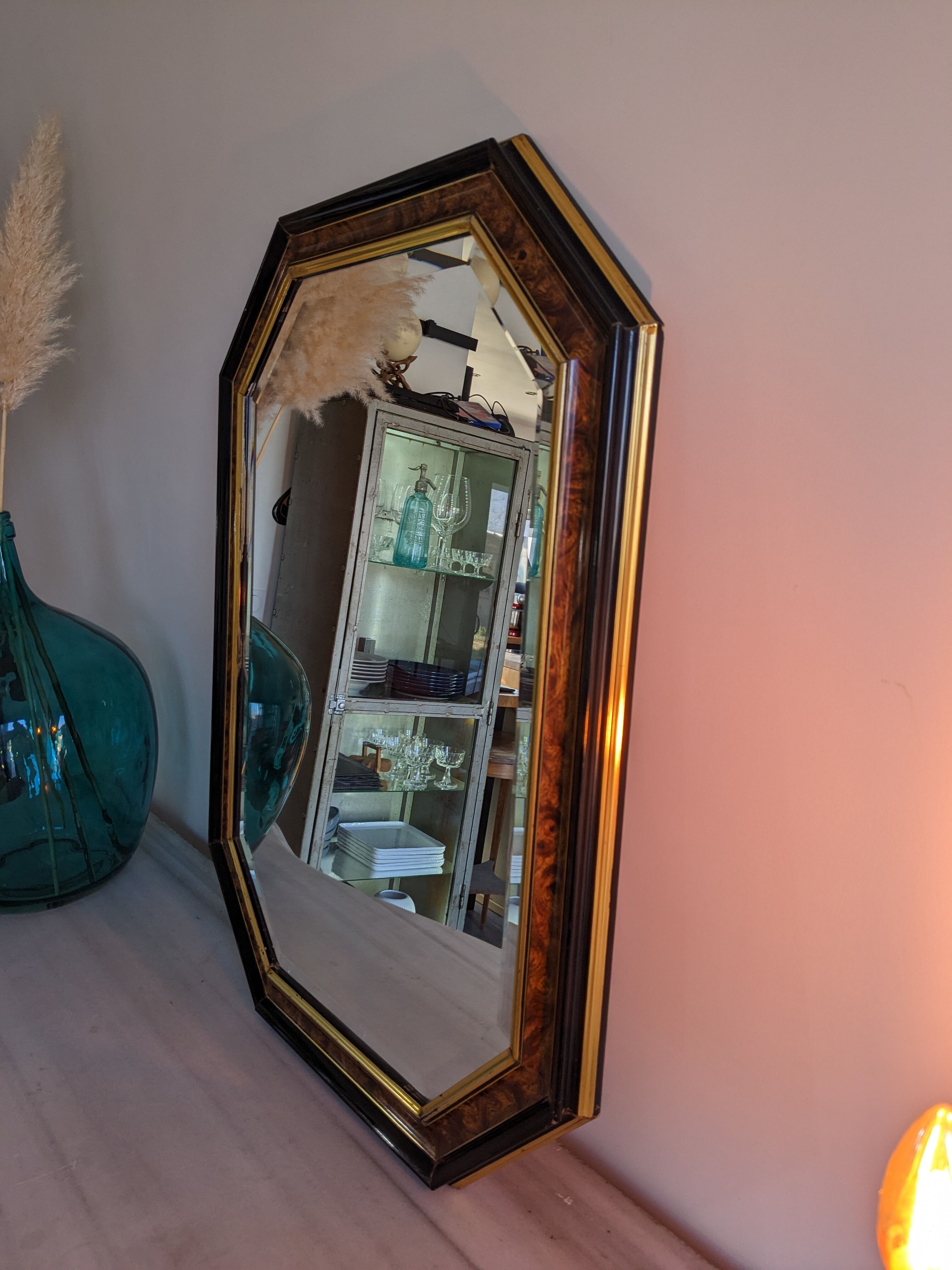 Octagonal vintage marbled mirror brown 61 x 82 cm