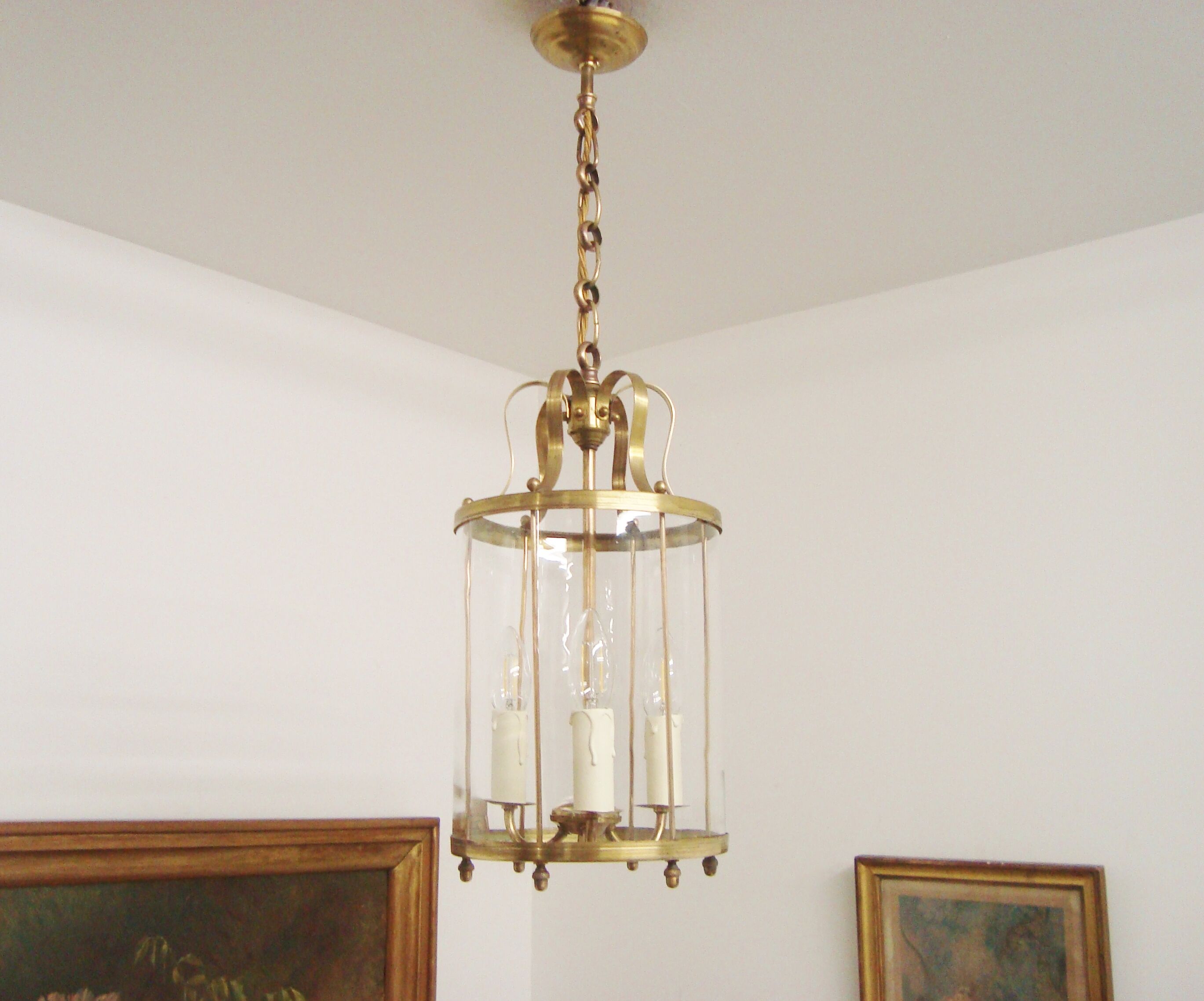 Vintage round brass chandelier Vestibule pendant lamp from the fifties