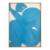 Blue lacquered wooden bas-relief. Contemporary work by a French artist.