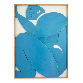 Blue lacquered wooden bas-relief. Contemporary work by a French artist.