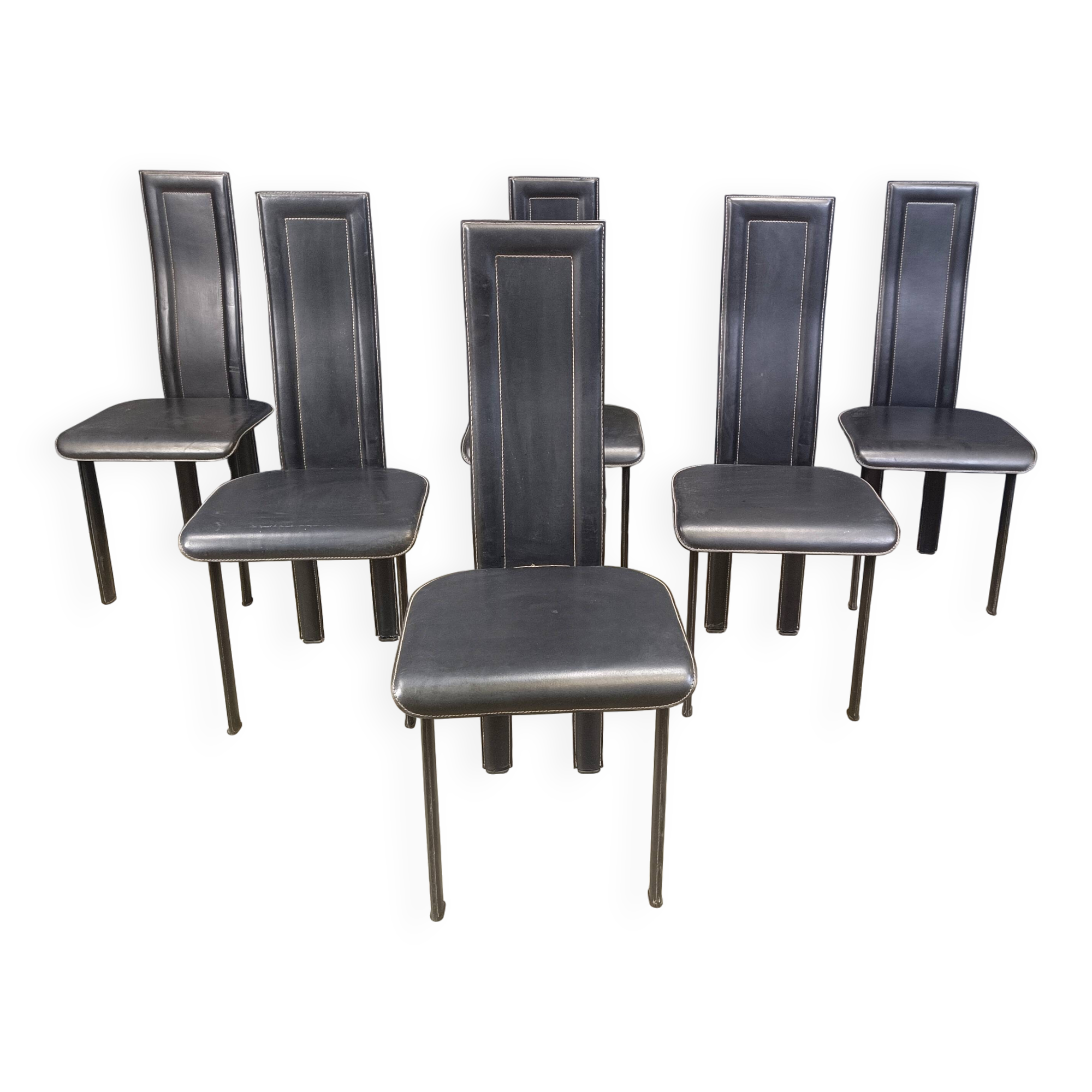Set of 6 post modern black leather dining chairs, 1980s