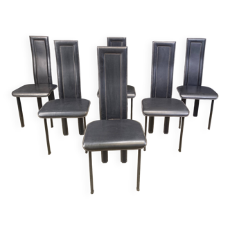 Ensemble de 6 chaises de salle à manger post-modernes en cuir noir, années 1980
